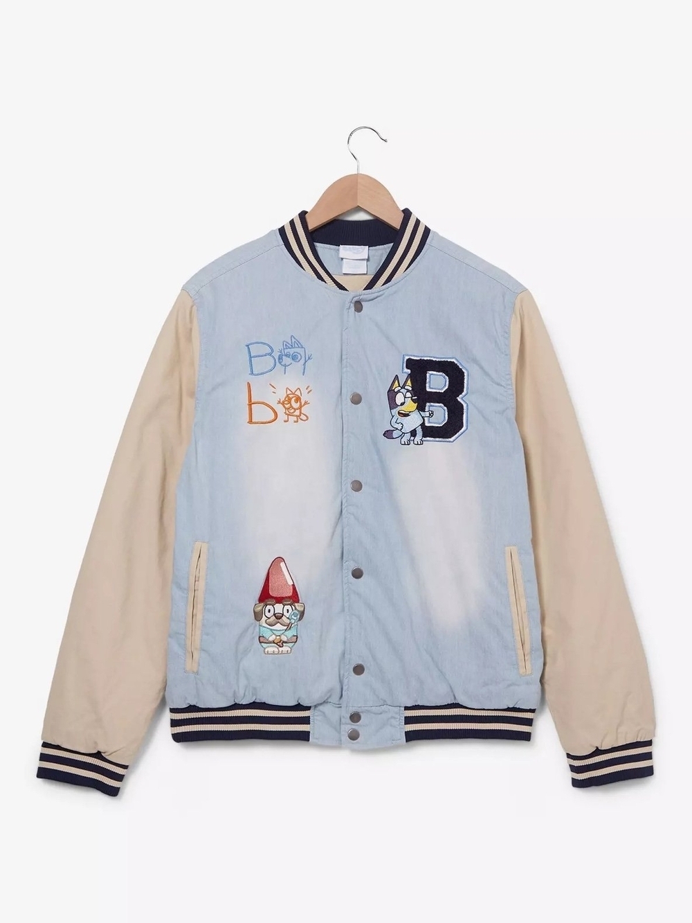 BoxLunch Exclusive Bluey Heeler Family Icons Denim Varsity Jacket Adult Medium